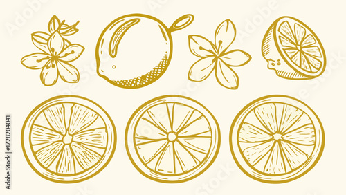 Invigorating lemon fruit and blossom sketches evoke freshness and zest, perfect for culinary projects, beverage ads, or healthy lifestyle campaigns