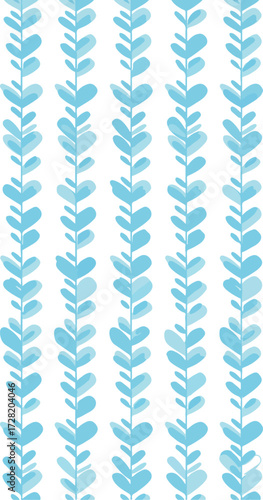 Vertical pattern of blue leaves on white background simple and elegant design.