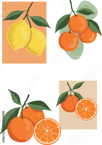 Vibrant Citrus Fruits Lemons and Oranges with Green Leaves.