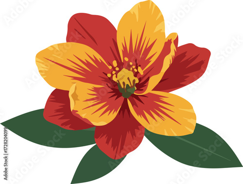 Vibrant flower with red and yellow petals and green leaves.