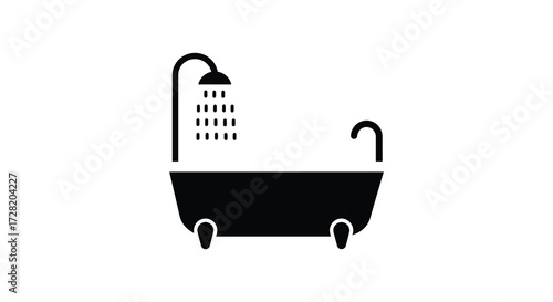 Simple black and white icon of a bathtub with shower silhouette