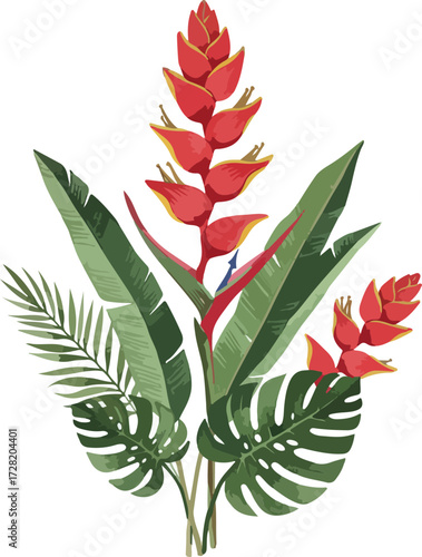 Vibrant tropical flower arrangement with lush green leaves and striking red blooms.
