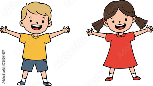 Cartoon children smiling, happy pose, cheerful kids, playful moment, colorful outfits, friendly expression, joyful scene, childhood fun, isolated, vector