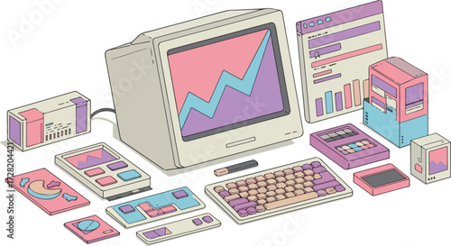 Vintage computer setup with monitor keyboard and accessories for data analysis.