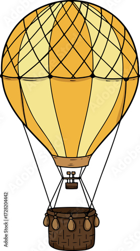 Vintage hot air balloon soaring through the sky with basket below.