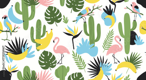 Vibrant tropical pattern featuring playful flamingos, colorful parrots, lush cacti, and exotic fruits creating a lively, cheerful, and summery ambiance for design projects