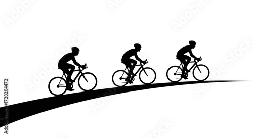 Dynamic cyclists in silhouette race uphill on a sleek, modern road against a clean white backdrop, showcasing determination and speed.