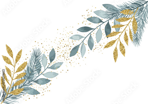Watercolor botanical illustration of leaves and branches with gold accents.