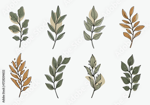 Watercolor botanical leaves collection isolated on white background.