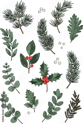Watercolor botanical illustration of various green leaves and branches 1.