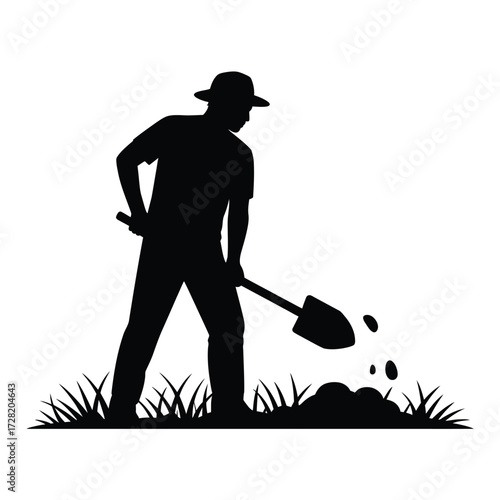 Black silhouette farm worker digging with shovel in grass vector