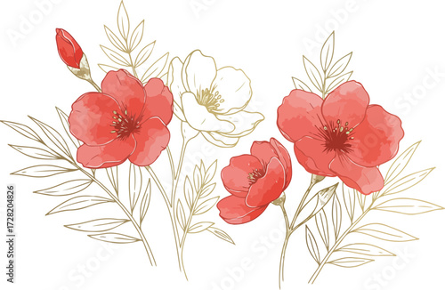 Watercolor floral arrangement featuring vibrant red and white flowers with golden accents.