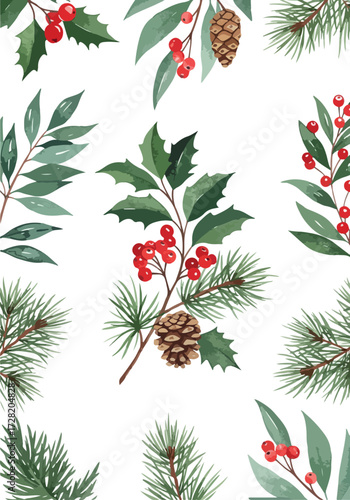 Watercolor Christmas botanical arrangement with holly berries and pine cones.