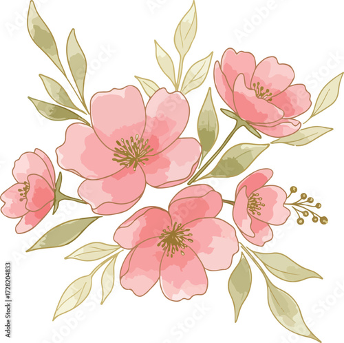 Watercolor floral arrangement of pink flowers and green leaves.