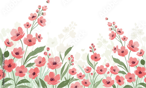 Watercolor floral arrangement of pink flowers and green leaves on white background.