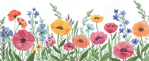 Watercolor floral border with colorful flowers and green leaves.