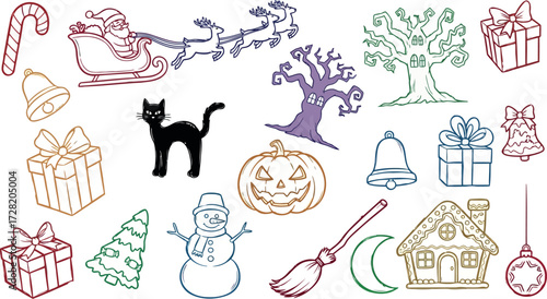 Vector art of collection of handdrawn holiday and halloween icons