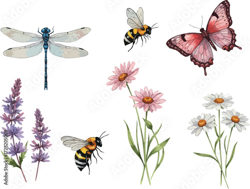 Watercolor illustration of insects and flowers in a garden setting.