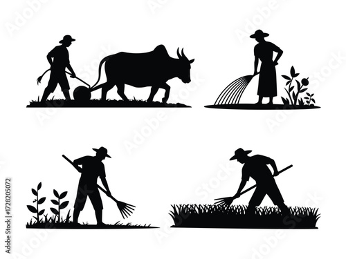 Black silhouette farmers tending crops with animals and tools plowing bull