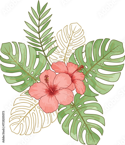 Watercolor illustration of tropical flowers and leaves arrangement for design.