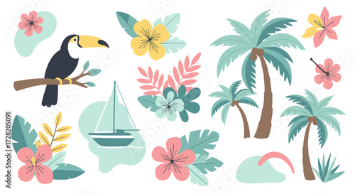 Vibrant tropical collection with toucan, palm trees, sailboat, and exotic flowers evoking summer vacation paradise vibes