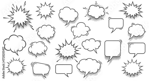 Dynamic comic book speech bubbles and thought clouds offer vibrant visual elements for engaging dialogue and creative expression