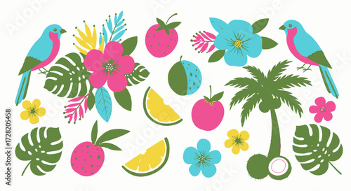 Vibrant tropical paradise with colorful birds, exotic flowers, juicy fruits, and a coconut palm tree creating a lively summer scene