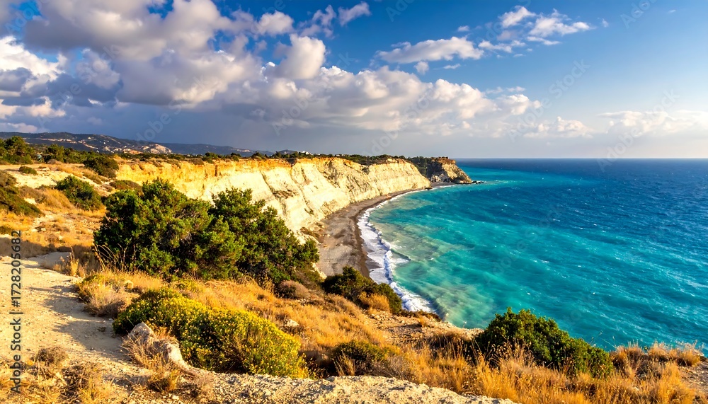 Obraz premium Coastal landscape with cliffs, turquoise water, and dramatic clouds