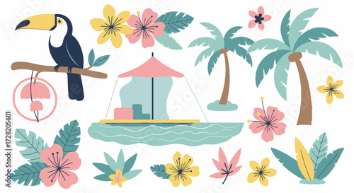 Vibrant tropical scene with toucan, palm trees, boat, and exotic flowers perfect for summer vacation designs