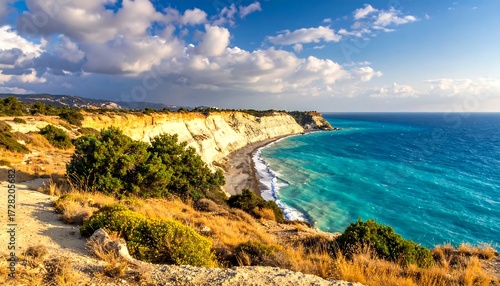 Coastal landscape with cliffs, turquoise water, and dramatic clouds