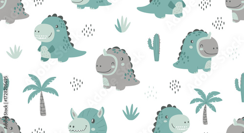 Adorable cartoon dinosaurs roam a playful prehistoric landscape with whimsical plants and cacti, perfect for children's decor and designs.