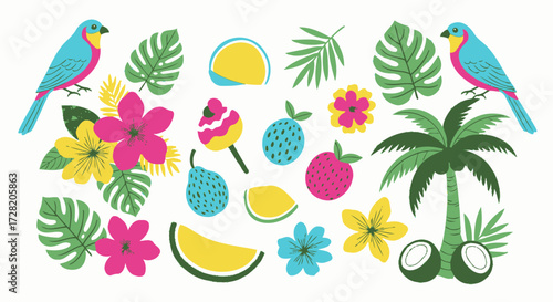 Vibrant tropical paradise elements with colorful birds, exotic flowers, palm trees, and fresh fruits evoking summer vacation vibes