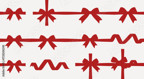 Elegant red satin bows and ribbons adorn festive compositions perfect for luxury gift wrapping and celebratory designs