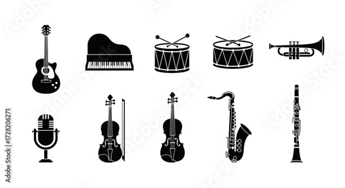 Iconic musical instruments collection featuring guitar, piano, drums, trumpet, violin, saxophone, clarinet, and microphone for diverse creative projects