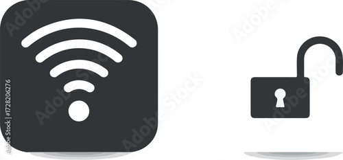Wireless network connection and unlocked padlock security concept.