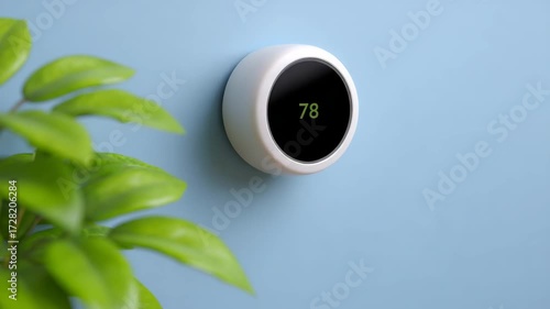 Modern smart thermostat with digital display on blue wall, energy efficient temperature control for home climate, minimalist and eco friendly design, modern technology for efficient home interior