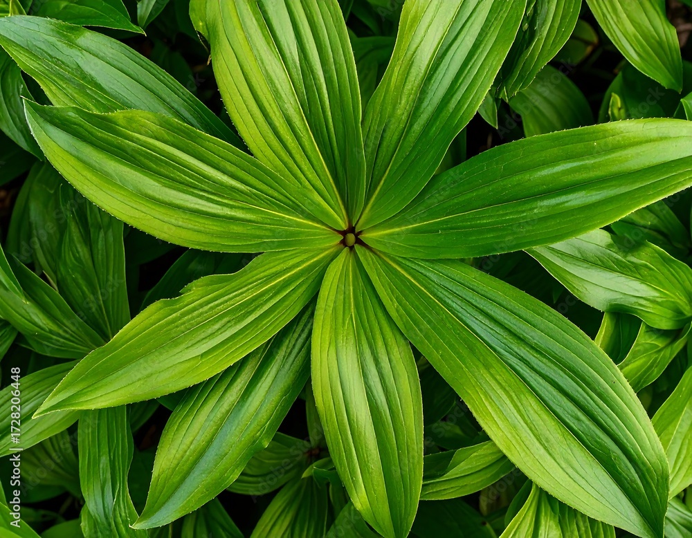 Obraz premium Lush green foliage arranged in a radial pattern, showcasing vibrant texture and color