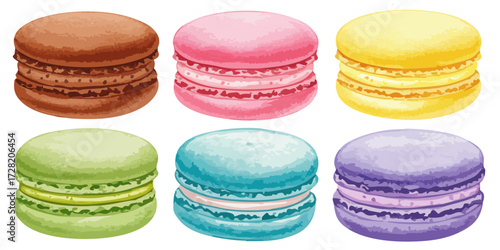 カラフルなマカロン,6色のスイーツセット,フランス菓子,ベクターイラスト