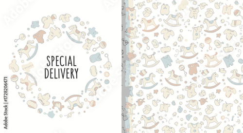 Delightful baby shower invitations feature charming rocking horses, tiny clothes, and rattles with a 'Special Delivery' message