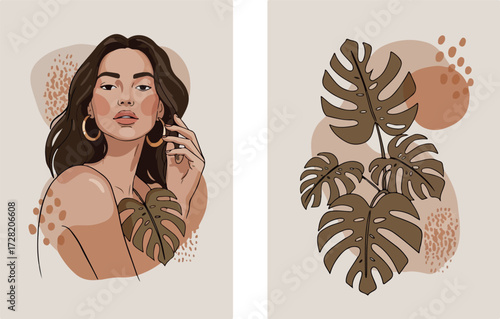 Woman with Monstera Leaf and Plant Illustration in Modern Style.