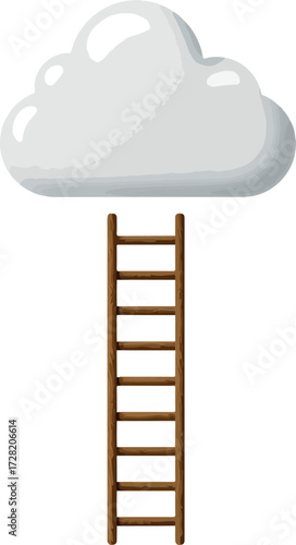 Wooden ladder reaching towards a fluffy white cloud in the sky.