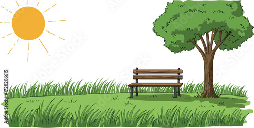 Wooden bench under a tree in a sunny park setting for relaxation.