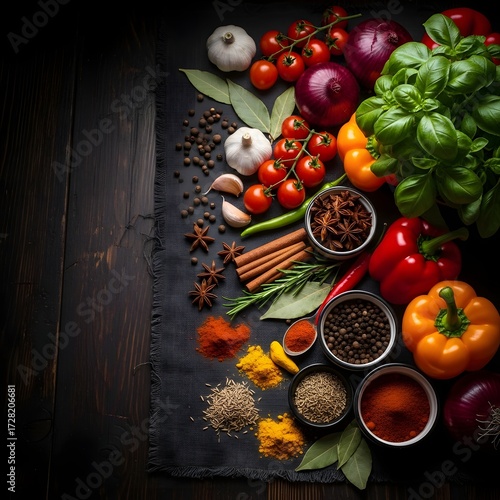Culinary still life featuring fresh vegetables herbs and spices on a dark background surface