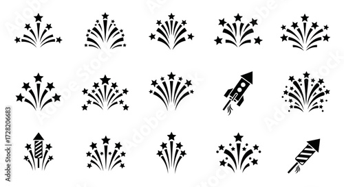Celebrate with stunning star burst fireworks and rocket icons, perfect for festive occasions, parties, and holiday celebrations.
