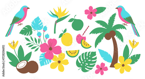Vibrant tropical paradise with exotic birds, palm trees, lush foliage, and juicy fruits creating a lively summer vibe.