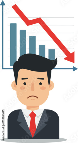 Worried businessman facing financial decline and economic downturn with graph.
