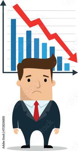 Worried businessman facing financial decline with downward trend graph.