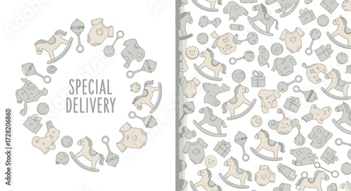 Adorable baby shower elements like rocking horses, onesies, and rattles create a sweet "Special Delivery" theme for newborns and celebrations.