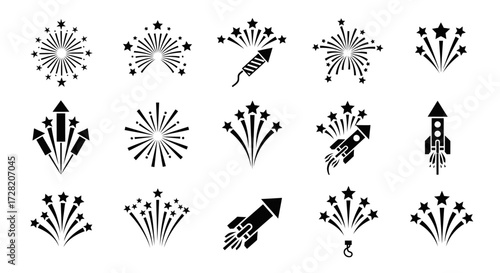 Celebrate with dynamic fireworks and rocket icons bursting with festive energy, perfect for holidays and special events