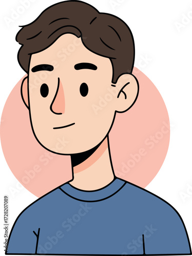 Young man with brown hair and blue shirt smiling slightly looking forward.